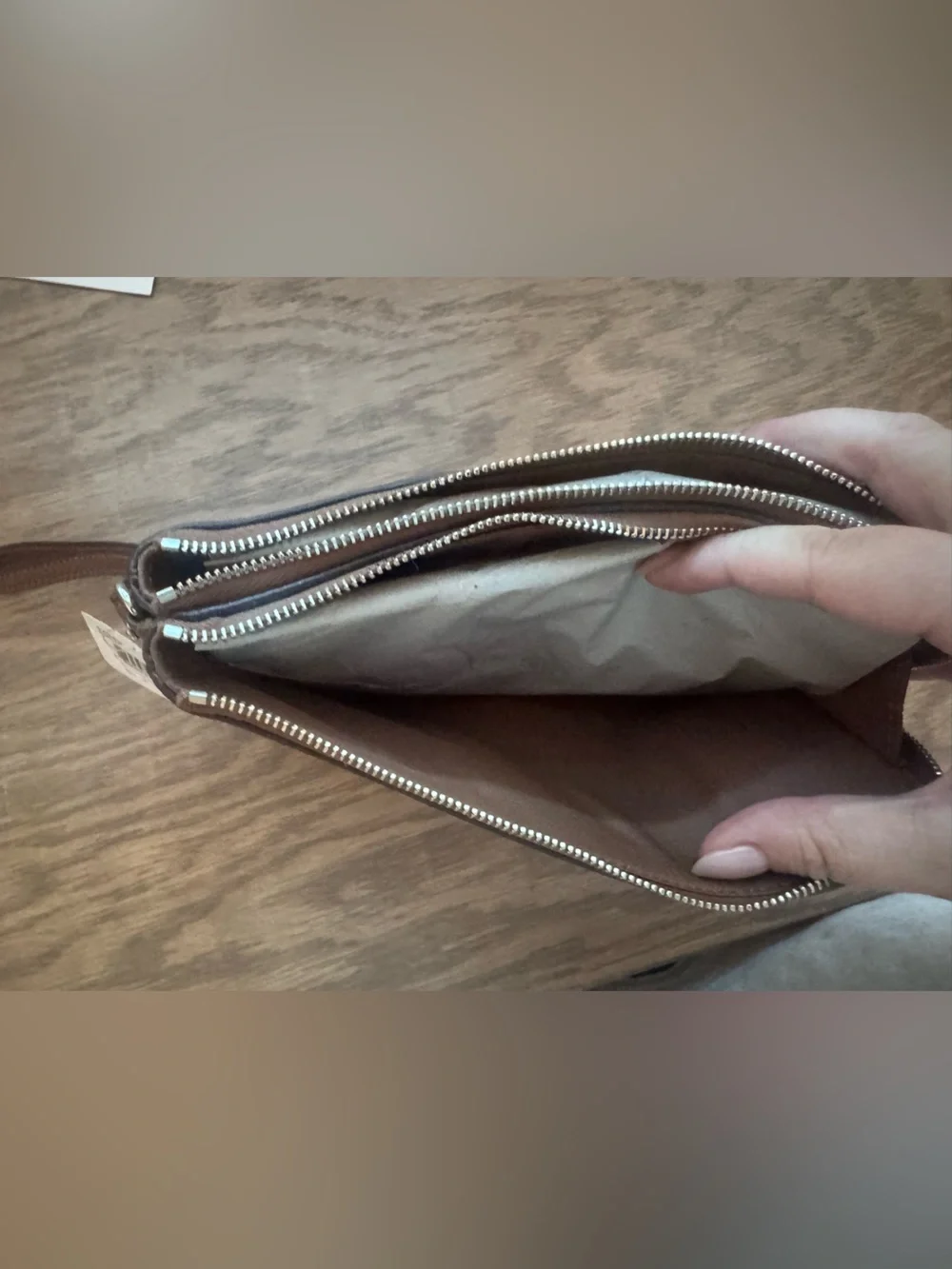 Coach Saddle Tan Brown Polished Leather Double Zip Wristlet Wallet